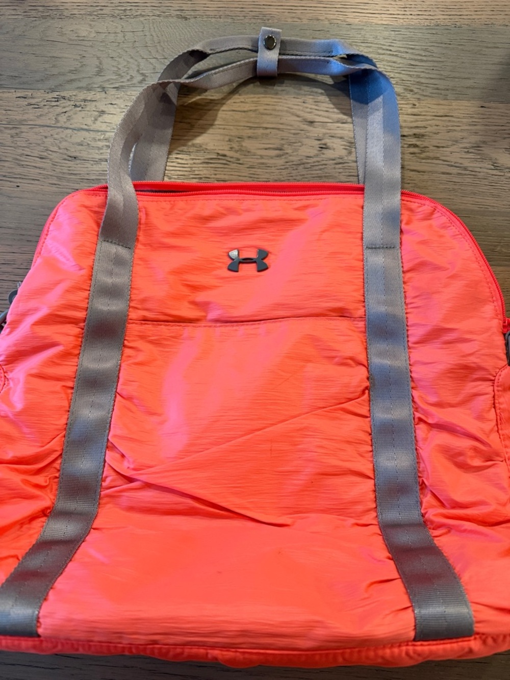 NWOT Under Armour Bright Neon Coral Duffel Tote with Gray Straps